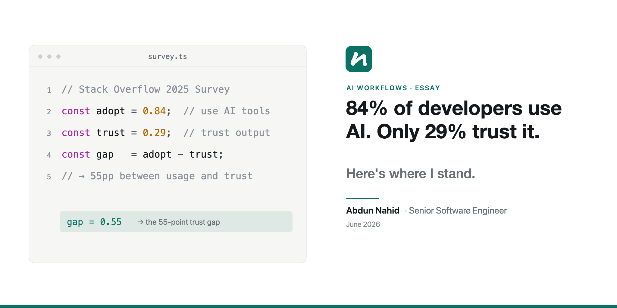 Code editor panel and brand identity split — blog cover for AI trust gap article
